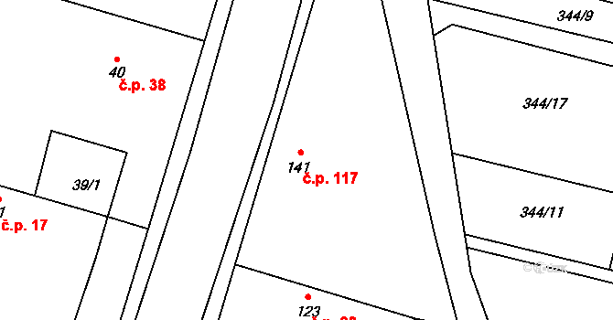 Vestec 117 na parcele st. 141 v KÚ Vestec nad Mrlinou, Katastrální mapa
