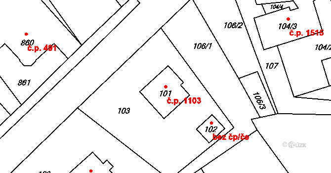 Bystřice 1103 na parcele st. 101 v KÚ Bystřice nad Olší, Katastrální mapa