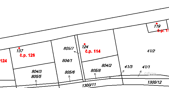 Sazená 114 na parcele st. 124 v KÚ Sazená, Katastrální mapa