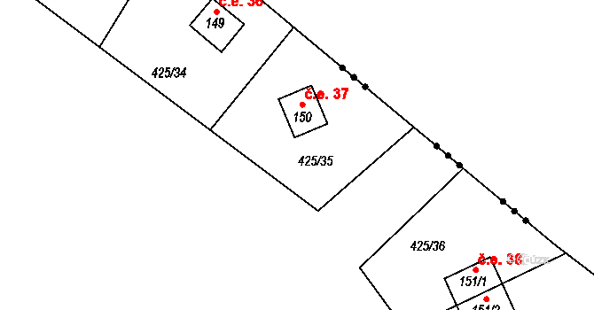 Tvrdkov 37 na parcele st. 150 v KÚ Tvrdkov, Katastrální mapa