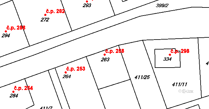 Veltruby 258 na parcele st. 263 v KÚ Veltruby, Katastrální mapa