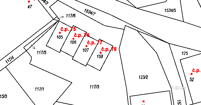 Pluhův Žďár 78 na parcele st. 108 v KÚ Pluhův Žďár, Katastrální mapa