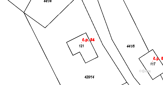 Broumova Lhota 54, Krásná Hora na parcele st. 121 v KÚ Broumova Lhota, Katastrální mapa