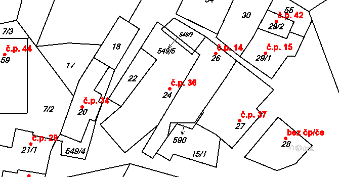 Bezděkov 36, Bouzov na parcele st. 24 v KÚ Bezděkov nad Třebůvkou, Katastrální mapa