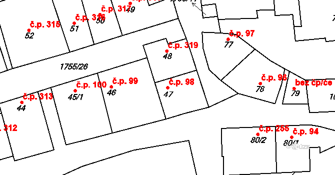 Libochovice 98 na parcele st. 47 v KÚ Libochovice, Katastrální mapa