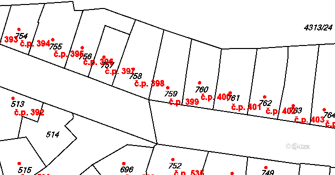 Roudnice nad Labem 399 na parcele st. 759 v KÚ Roudnice nad Labem, Katastrální mapa