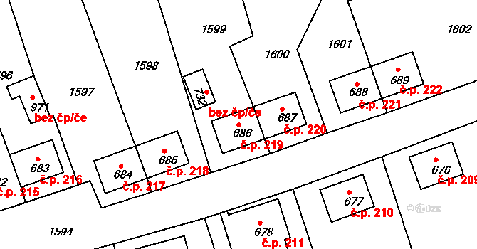 Děčín IX-Bynov 219, Děčín na parcele st. 686 v KÚ Bynov, Katastrální mapa