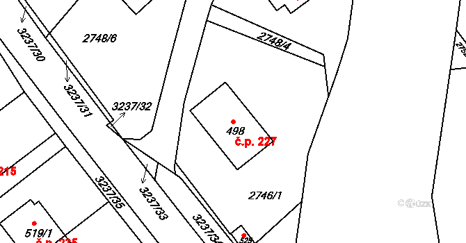 Lužná 227 na parcele st. 498 v KÚ Lužná u Vsetína, Katastrální mapa