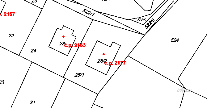 Rožnov pod Radhoštěm 2177 na parcele st. 25/2 v KÚ Hážovice, Katastrální mapa