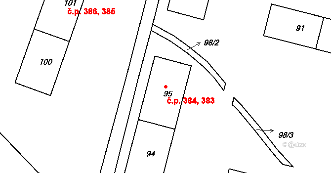 Miřetice u Klášterce nad Ohří 383,384, Klášterec nad Ohří na parcele st. 95 v KÚ Miřetice u Klášterce nad Ohří, Katastrální mapa
