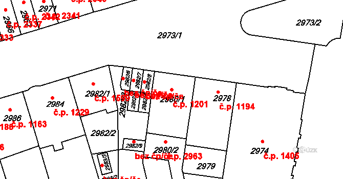 Královo Pole 1201, Brno na parcele st. 2980/1 v KÚ Královo Pole, Katastrální mapa