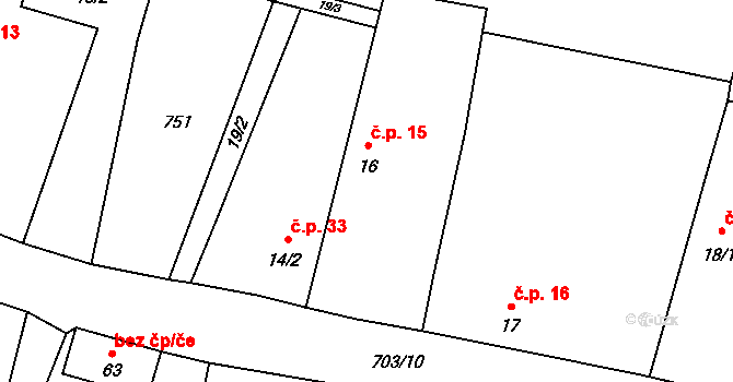 Třeskonice 15, Tuchořice na parcele st. 16 v KÚ Třeskonice, Katastrální mapa