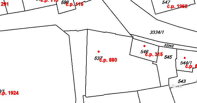 Pelhřimov 880 na parcele st. 537 v KÚ Pelhřimov, Katastrální mapa