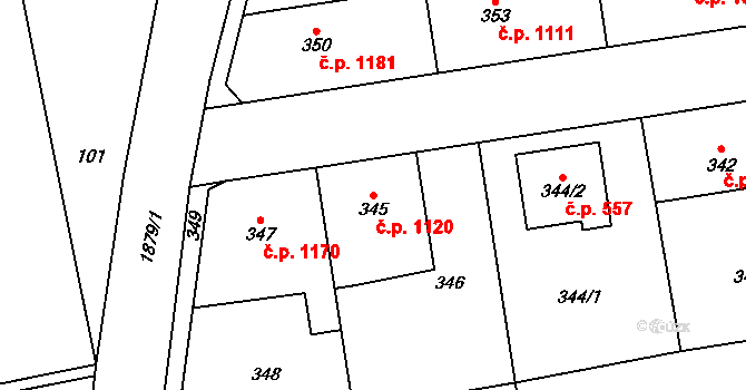 Dubeč 1120, Praha na parcele st. 345 v KÚ Dubeč, Katastrální mapa