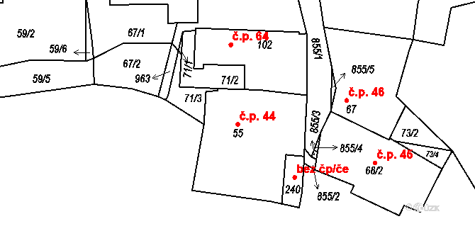 Starý Rožmitál 44, Rožmitál pod Třemšínem na parcele st. 55 v KÚ Starý Rožmitál, Katastrální mapa