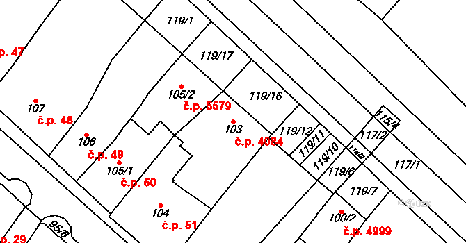 Chomutov 4084 na parcele st. 103 v KÚ Chomutov I, Katastrální mapa