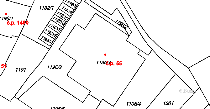 Fryštát 55, Karviná na parcele st. 1195/1 v KÚ Karviná-město, Katastrální mapa