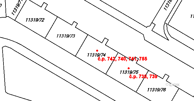 Severní Předměstí 740,741,742,755, Plzeň na parcele st. 11319/74 v KÚ Plzeň, Katastrální mapa