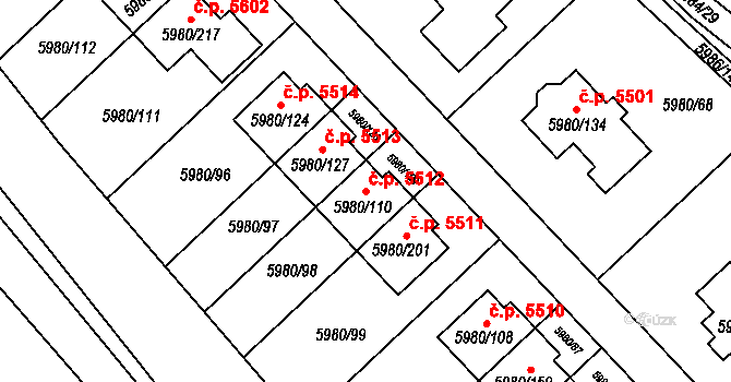 Chomutov 5512 na parcele st. 5980/110 v KÚ Chomutov I, Katastrální mapa