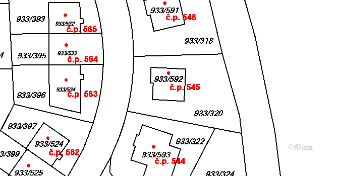 Satalice 545, Praha na parcele st. 933/592 v KÚ Satalice, Katastrální mapa