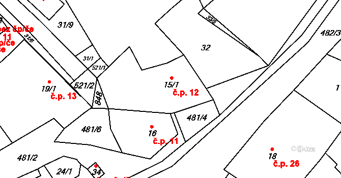 Zelená 12, Málkov na parcele st. 15/1 v KÚ Zelená, Katastrální mapa