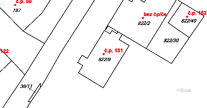 Josefov 131 na parcele st. 822/9 v KÚ Josefov u Hodonína, Katastrální mapa