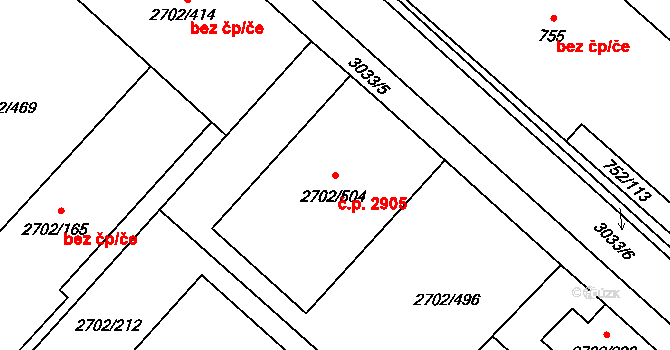 Předměstí 2905, Opava na parcele st. 2702/504 v KÚ Opava-Předměstí, Katastrální mapa