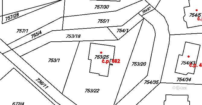 Srubec 682 na parcele st. 753/25 v KÚ Srubec, Katastrální mapa