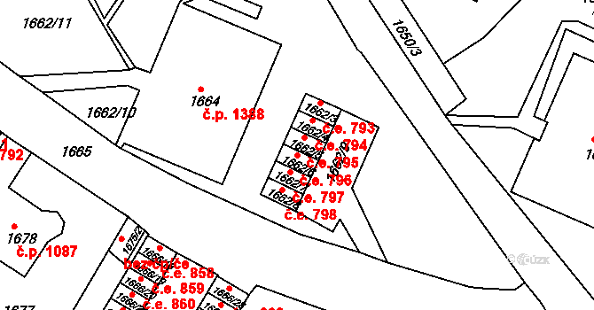 Děčín VI-Letná 796, Děčín na parcele st. 1662/6 v KÚ Podmokly, Katastrální mapa
