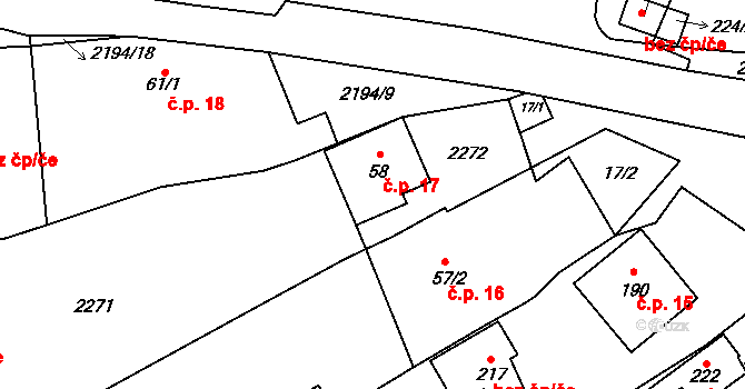 Řetechov 17, Luhačovice na parcele st. 58 v KÚ Řetechov, Katastrální mapa