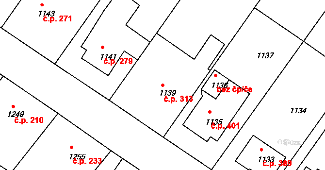 Štípa 313, Zlín na parcele st. 1139 v KÚ Štípa, Katastrální mapa
