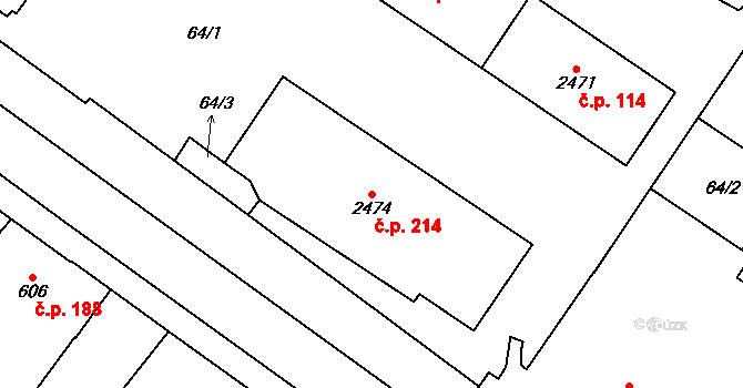 Střed 214, Rokycany na parcele st. 2474 v KÚ Rokycany, Katastrální mapa