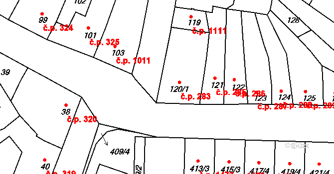 Kunovice 283 na parcele st. 120/1 v KÚ Kunovice u Uherského Hradiště, Katastrální mapa