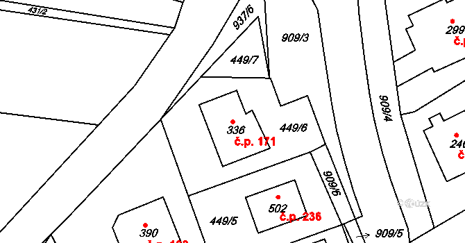 Smrkovice 171, Písek na parcele st. 336 v KÚ Smrkovice, Katastrální mapa