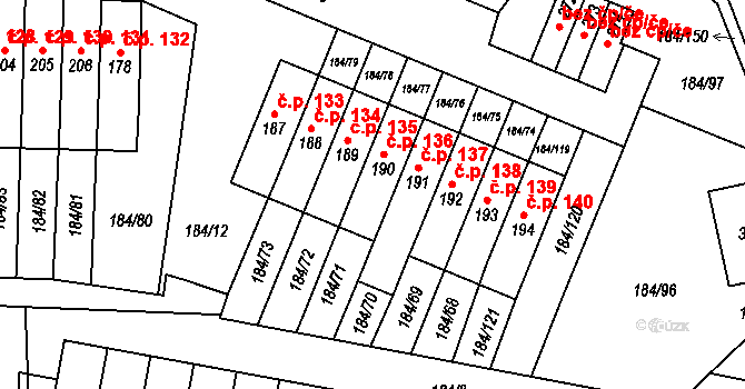 Únětice 136 na parcele st. 190 v KÚ Únětice u Prahy, Katastrální mapa