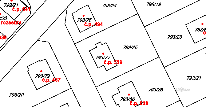 Lázně Bohdaneč 529 na parcele st. 793/77 v KÚ Lázně Bohdaneč, Katastrální mapa