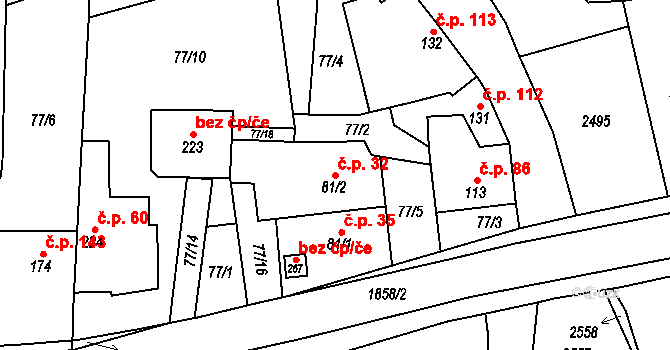 Jestřabice 32, Koryčany na parcele st. 81/2 v KÚ Jestřabice, Katastrální mapa