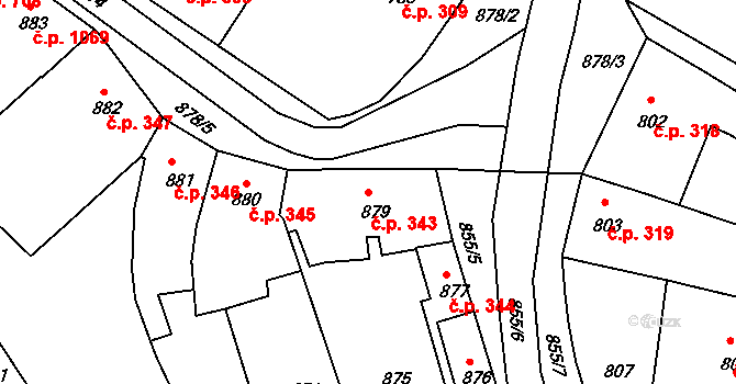 Holešov 343 na parcele st. 879 v KÚ Holešov, Katastrální mapa