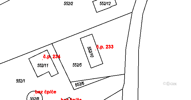 Velíková 233, Zlín na parcele st. 552/10 v KÚ Velíková, Katastrální mapa
