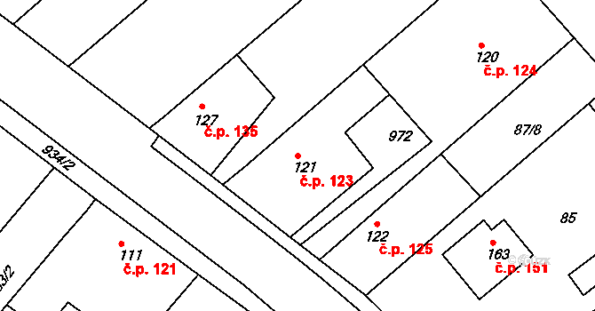 Kovanice 123 na parcele st. 121 v KÚ Kovanice, Katastrální mapa