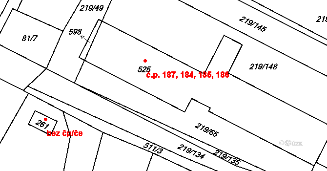 Chotětov 184,185,186,187 na parcele st. 525 v KÚ Chotětov, Katastrální mapa