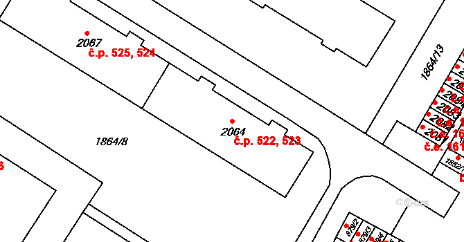 Hrušovany u Brna 522,523 na parcele st. 2064 v KÚ Hrušovany u Brna, Katastrální mapa