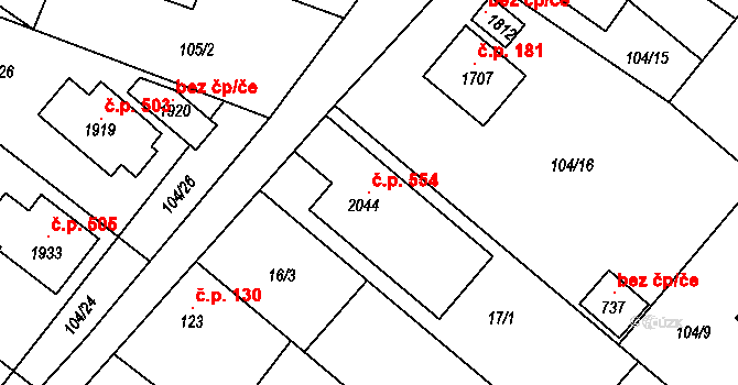 Pouchov 554, Hradec Králové na parcele st. 2044 v KÚ Pouchov, Katastrální mapa