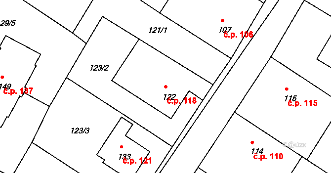 Sudoměřice u Bechyně 118 na parcele st. 122 v KÚ Sudoměřice u Bechyně, Katastrální mapa