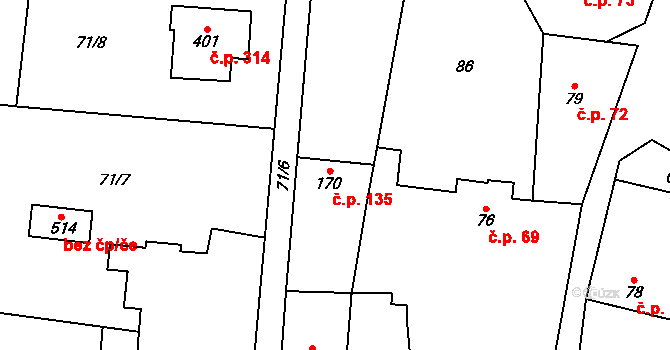 Dymokury 135 na parcele st. 170 v KÚ Dymokury, Katastrální mapa