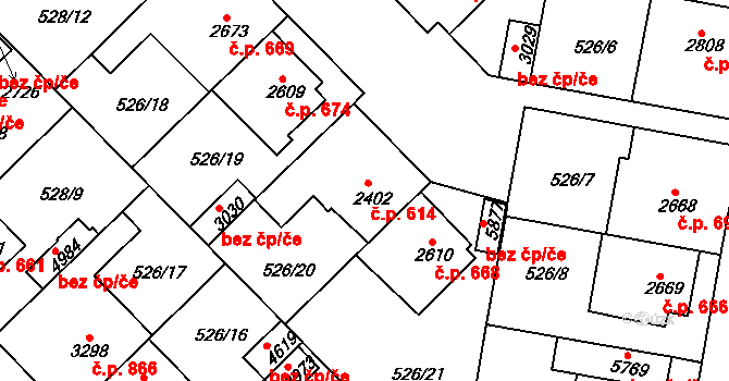 Borovina 614, Třebíč na parcele st. 2402 v KÚ Třebíč, Katastrální mapa