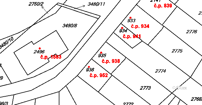 Rosice 938 na parcele st. 935 v KÚ Rosice u Brna, Katastrální mapa