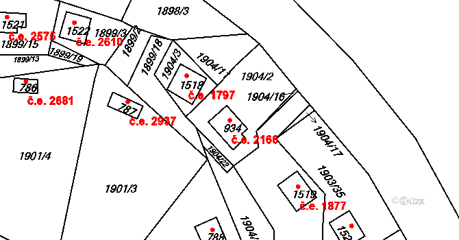 Litice 2166, Plzeň na parcele st. 934 v KÚ Litice u Plzně, Katastrální mapa