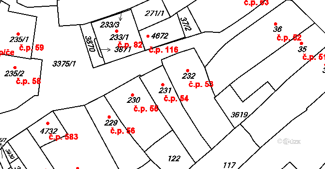 Česká Třebová 54 na parcele st. 231 v KÚ Česká Třebová, Katastrální mapa