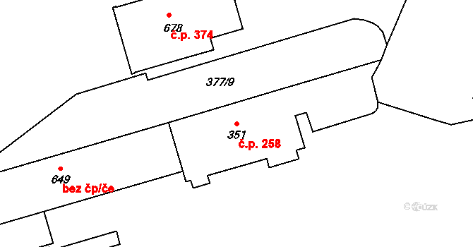 Louky 258, Zlín na parcele st. 351 v KÚ Louky nad Dřevnicí, Katastrální mapa